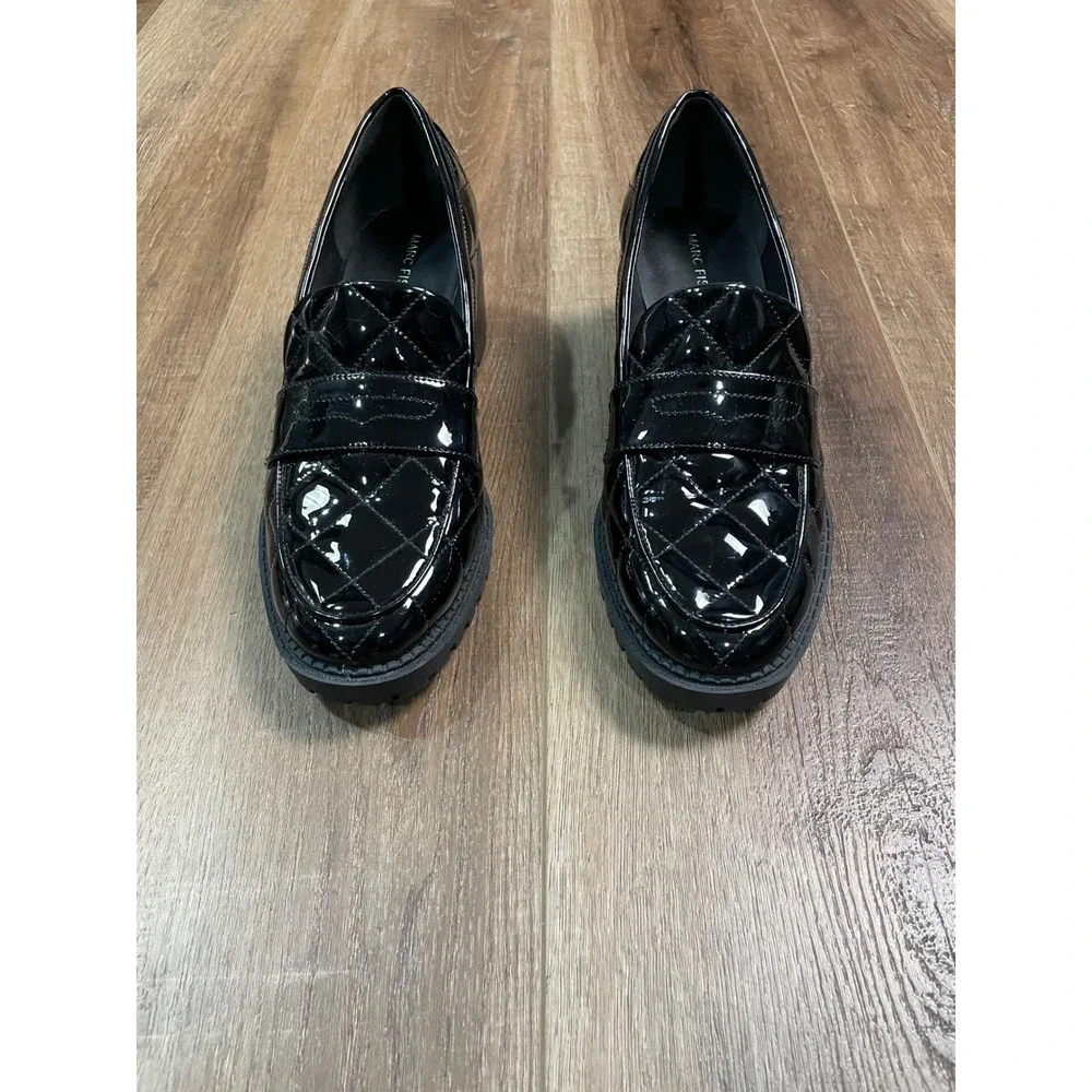 Marc Fisher Dantea Black Patent Leather Quilted Lug Sole Loafers Women Size 8.5M